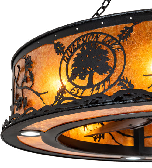 Meyda Lighting Personalized 45" 12-Light Textured Black Diversion Lake Chandelier With Amber Mica Shade Glass and Fan