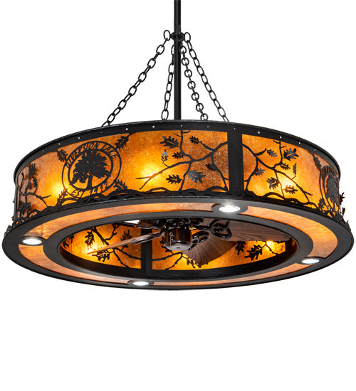 Meyda Lighting Personalized 45" 12-Light Textured Black Diversion Lake Chandelier With Amber Mica Shade Glass and Fan