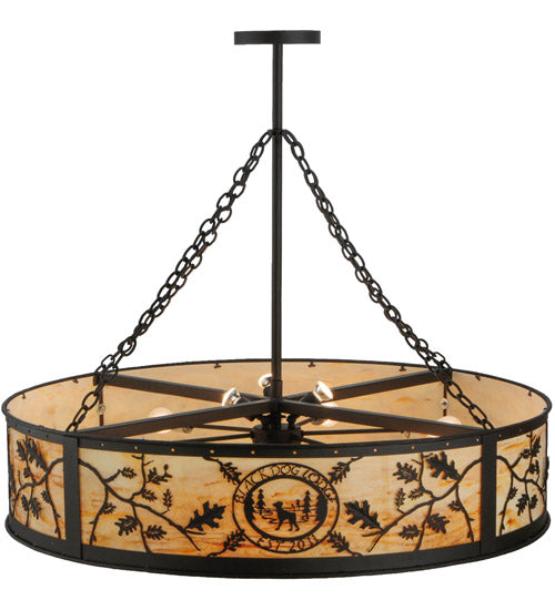 Meyda Lighting Personalized 45" 13-Light Oil Rubbed Bronze Black Dog Lodge Inverted Pendant Light With Amber Mica Shade Glass