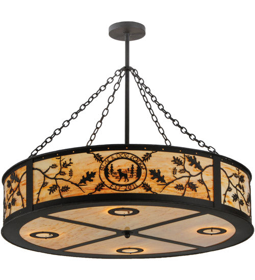 Meyda Lighting Personalized 45" 13-Light Oil Rubbed Bronze Black Dog Lodge Inverted Pendant Light With Amber Mica Shade Glass