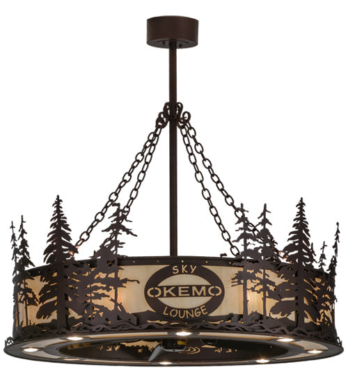 Meyda Lighting Personalized 45" 24-Light Mahogany Bronze Okemo Sky Lounge Chandelier With Beige Sahara Taupe Idalight Shade Glass and Fan
