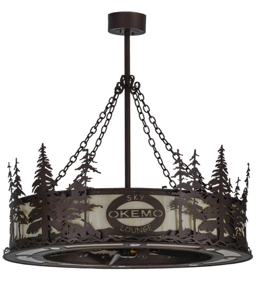 Meyda Lighting Personalized 45" 24-Light Mahogany Bronze Okemo Sky Lounge Chandelier With Beige Sahara Taupe Idalight Shade Glass and Fan