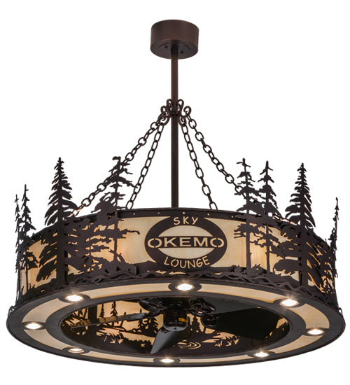 Meyda Lighting Personalized 45" 24-Light Mahogany Bronze Okemo Sky Lounge Chandelier With Beige Sahara Taupe Idalight Shade Glass and Fan