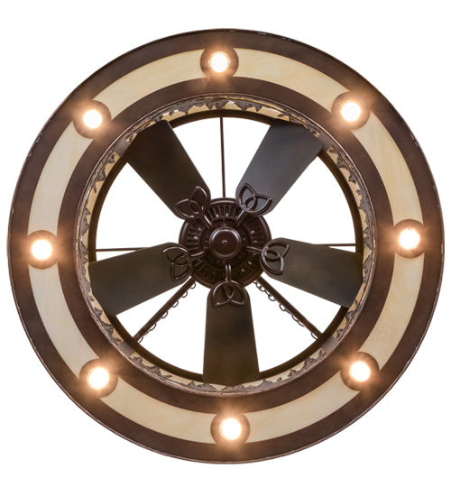 Meyda Lighting Personalized 45" 24-Light Mahogany Bronze Okemo Sky Lounge Chandelier With Beige Sahara Taupe Idalight Shade Glass and Fan