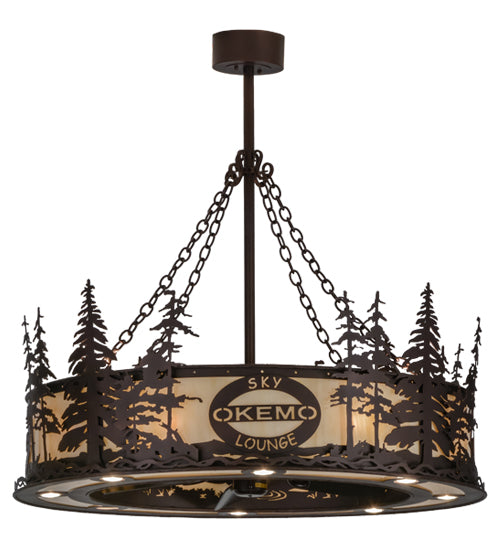 Meyda Lighting Personalized 45" 24-Light Mahogany Bronze Okemo Sky Lounge Chandelier With Beige Sahara Taupe Idalight Shade Glass and Fan