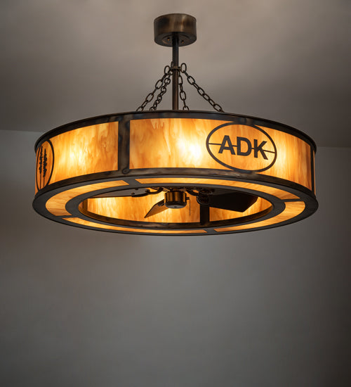 Meyda Lighting Personalized 45" 8-Light Light Burnished Antique Copper Adirondack Bank Chandelier With Ambra Siena Shade and Fan