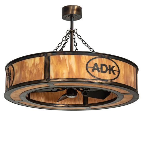 Meyda Lighting Personalized 45" 8-Light Light Burnished Antique Copper Adirondack Bank Chandelier With Ambra Siena Shade and Fan