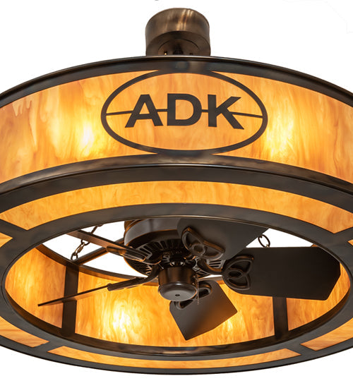 Meyda Lighting Personalized 45" 8-Light Light Burnished Antique Copper Adirondack Bank Chandelier With Ambra Siena Shade and Fan