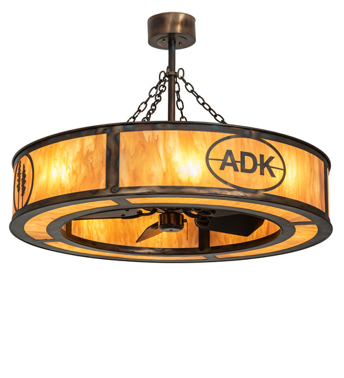 Meyda Lighting Personalized 45" 8-Light Light Burnished Antique Copper Adirondack Bank Chandelier With Ambra Siena Shade and Fan