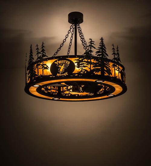 Meyda Lighting Personalized 45" 8-Light Textured Black & Green Trees Chandelier With New Amber Mica Acrylic Shade and Fan