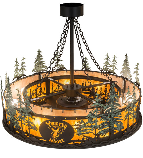 Meyda Lighting Personalized 45" 8-Light Textured Black & Green Trees Chandelier With New Amber Mica Acrylic Shade and Fan