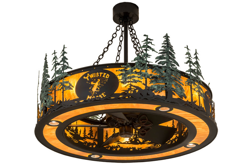 Meyda Lighting Personalized 45" 8-Light Textured Black & Green Trees Chandelier With New Amber Mica Acrylic Shade and Fan