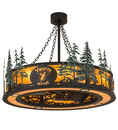 Meyda Lighting Personalized 45" 8-Light Textured Black & Green Trees Chandelier With New Amber Mica Acrylic Shade and Fan