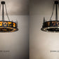 Meyda Lighting Personalized 48" 16-Light Textured Black Chasing Bear Lodge Chandelier With Amber Mica Shade Glass and Fan