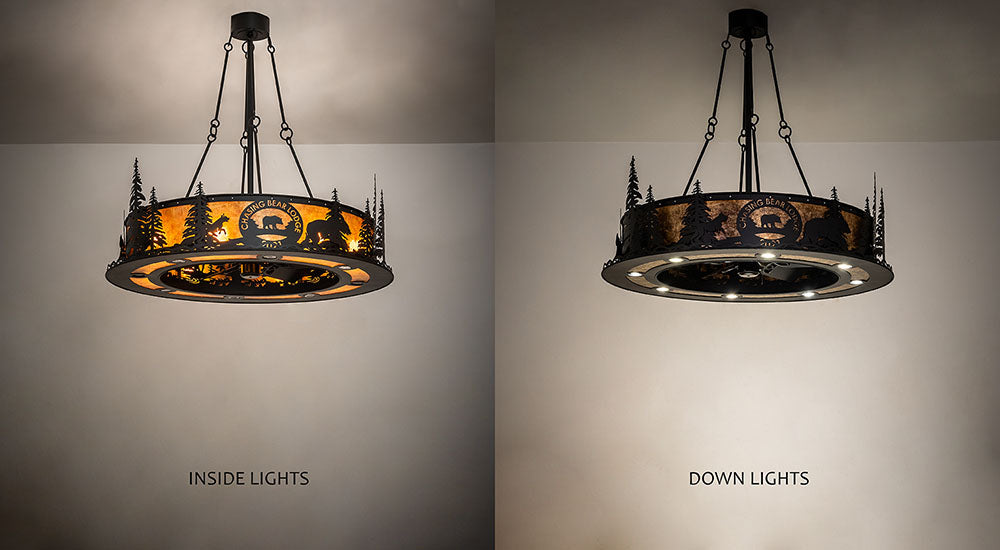 Meyda Lighting Personalized 48" 16-Light Textured Black Chasing Bear Lodge Chandelier With Amber Mica Shade Glass and Fan