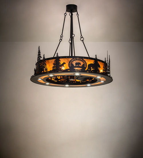 Meyda Lighting Personalized 48" 16-Light Textured Black Chasing Bear Lodge Chandelier With Amber Mica Shade Glass and Fan