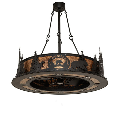 Meyda Lighting Personalized 48" 16-Light Textured Black Chasing Bear Lodge Chandelier With Amber Mica Shade Glass and Fan