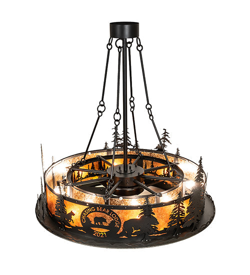 Meyda Lighting Personalized 48" 16-Light Textured Black Chasing Bear Lodge Chandelier With Amber Mica Shade Glass and Fan