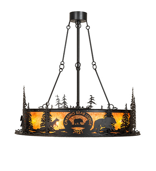 Meyda Lighting Personalized 48" 16-Light Textured Black Chasing Bear Lodge Chandelier With Amber Mica Shade Glass and Fan