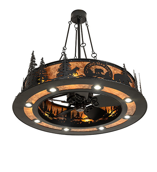 Meyda Lighting Personalized 48" 16-Light Textured Black Chasing Bear Lodge Chandelier With Amber Mica Shade Glass and Fan