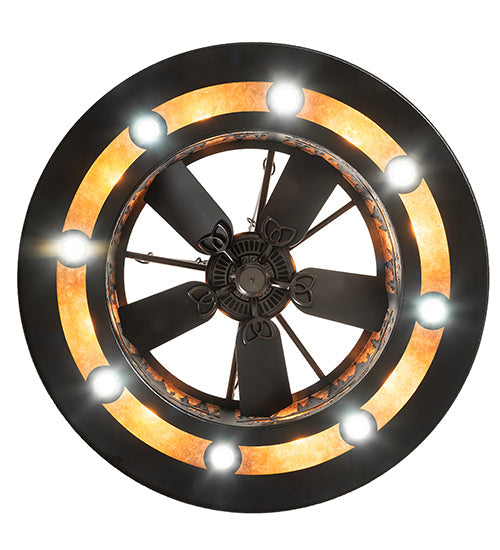 Meyda Lighting Personalized 48" 16-Light Textured Black Chasing Bear Lodge Chandelier With Amber Mica Shade Glass and Fan
