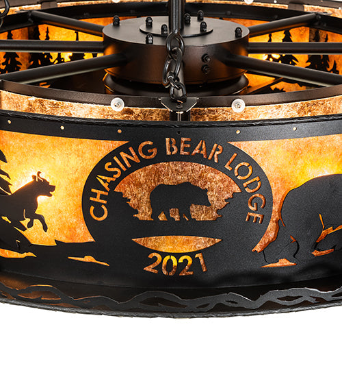 Meyda Lighting Personalized 48" 16-Light Textured Black Chasing Bear Lodge Chandelier With Amber Mica Shade Glass and Fan
