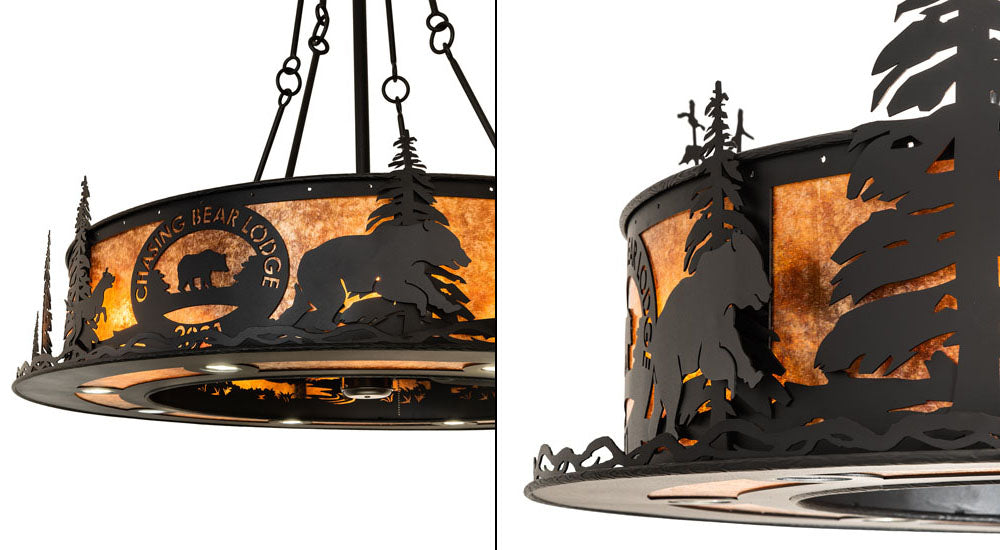 Meyda Lighting Personalized 48" 16-Light Textured Black Chasing Bear Lodge Chandelier With Amber Mica Shade Glass and Fan