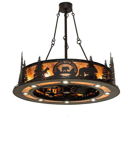 Meyda Lighting Personalized 48" 16-Light Textured Black Chasing Bear Lodge Chandelier With Amber Mica Shade Glass and Fan