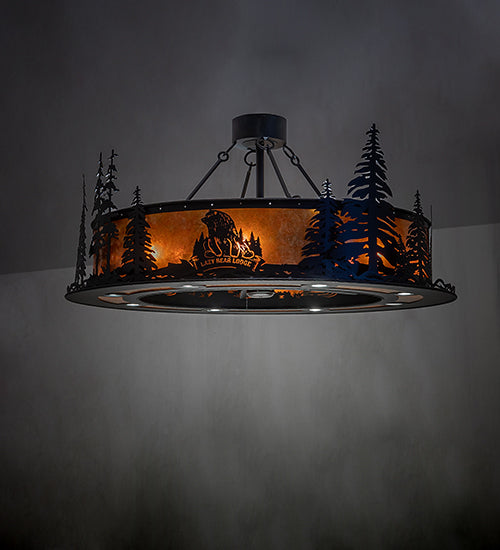 Meyda Lighting Personalized 48" 16-Light Textured Black Lazy Bear Lodge Chandelier With Amber Mica Shade Glass and Fan