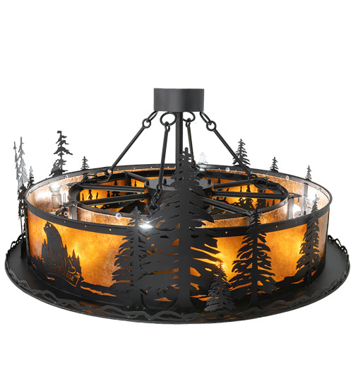 Meyda Lighting Personalized 48" 16-Light Textured Black Lazy Bear Lodge Chandelier With Amber Mica Shade Glass and Fan