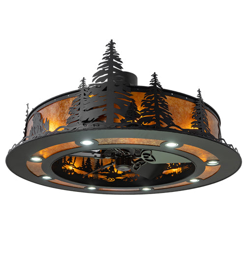 Meyda Lighting Personalized 48" 16-Light Textured Black Lazy Bear Lodge Chandelier With Amber Mica Shade Glass and Fan
