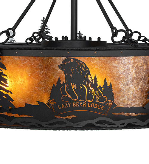 Meyda Lighting Personalized 48" 16-Light Textured Black Lazy Bear Lodge Chandelier With Amber Mica Shade Glass and Fan