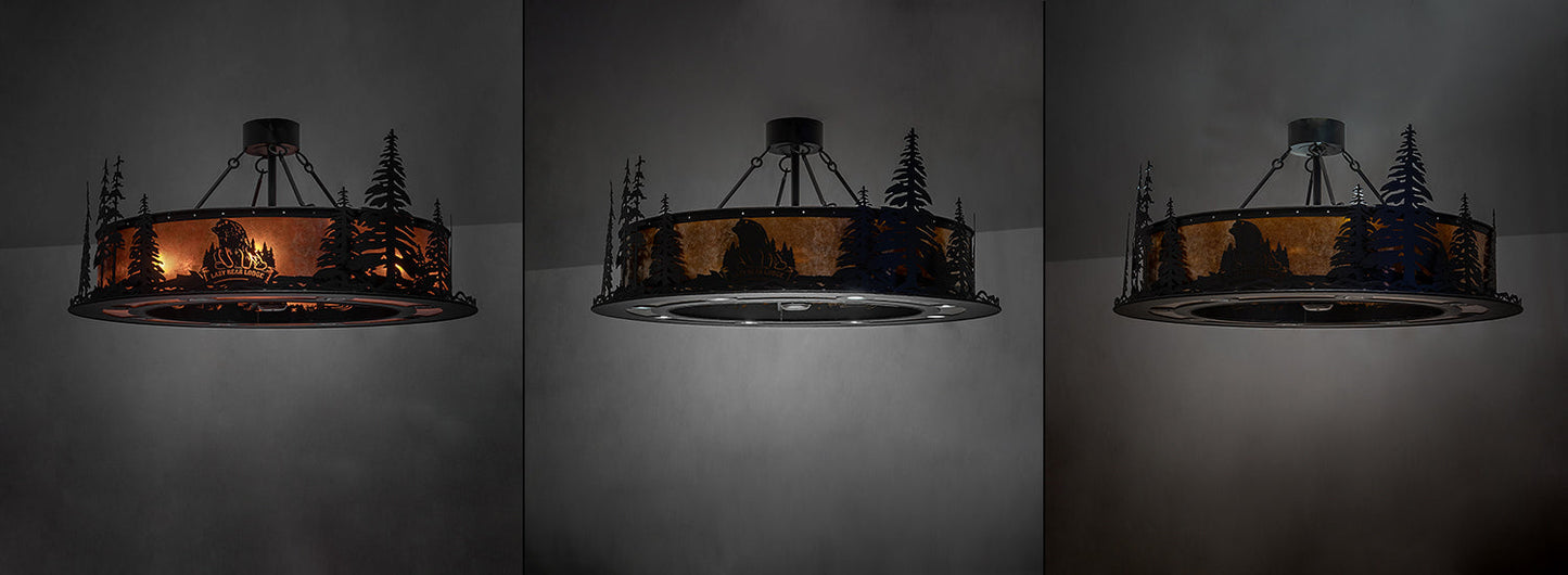 Meyda Lighting Personalized 48" 16-Light Textured Black Lazy Bear Lodge Chandelier With Amber Mica Shade Glass and Fan