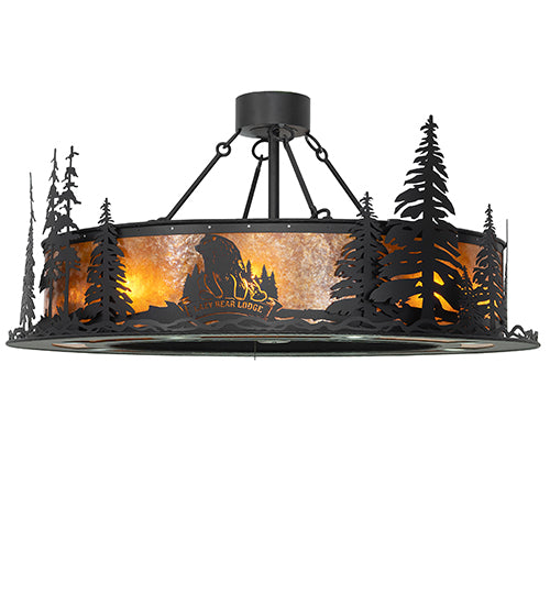 Meyda Lighting Personalized 48" 16-Light Textured Black Lazy Bear Lodge Chandelier With Amber Mica Shade Glass and Fan
