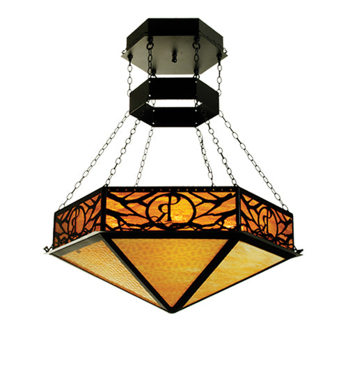 Meyda Lighting Personalized 48" 6-Light Black Custom Logo Inverted Pendant Light With Beige & Honey Amber Shade Glass