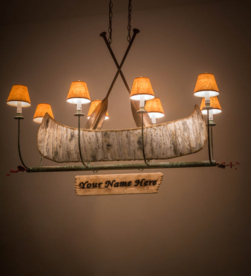Meyda Lighting Personalized 48" 8-Light Natural Wood & Tarnished Copper Canoe Chandelier With Beige Shade