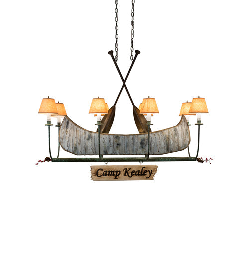 Meyda Lighting Personalized 48" 8-Light Natural Wood & Tarnished Copper Canoe Chandelier With Beige Shade