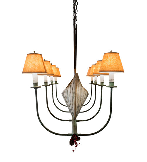 Meyda Lighting Personalized 48" 8-Light Natural Wood & Tarnished Copper Canoe Chandelier With Beige Shade