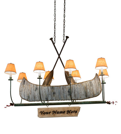 Meyda Lighting Personalized 48" 8-Light Natural Wood & Tarnished Copper Canoe Chandelier With Beige Shade