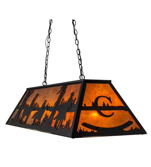 Meyda Lighting Personalized 48" 9-Light Flat Black Rockin' C Ranch Island Pendant Light With Amber Mica Shade Glass