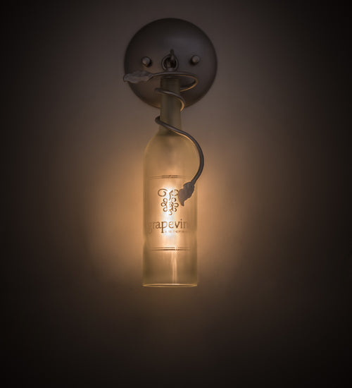Meyda Lighting Personalized 5" Nickel Grapevine Wine Shop Wall Sconce With Frosted Clear Sandblasted Wine Bottle Shade Glass