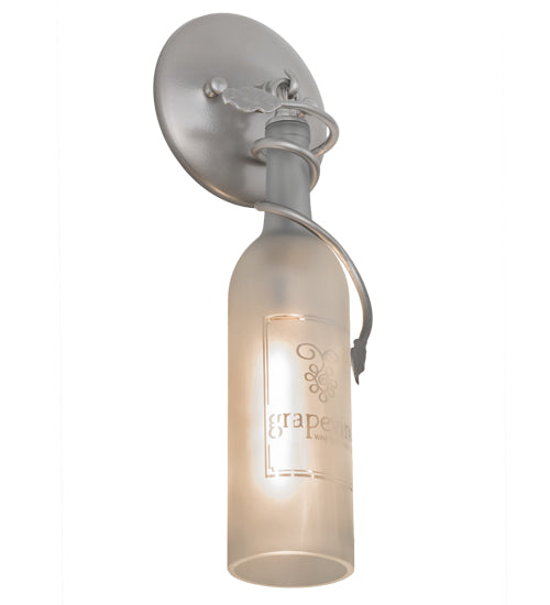 Meyda Lighting Personalized 5" Nickel Grapevine Wine Shop Wall Sconce With Frosted Clear Sandblasted Wine Bottle Shade Glass
