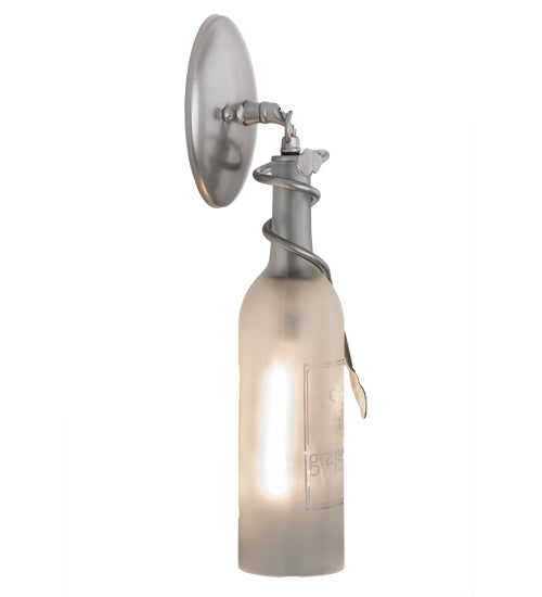 Meyda Lighting Personalized 5" Nickel Grapevine Wine Shop Wall Sconce With Frosted Clear Sandblasted Wine Bottle Shade Glass