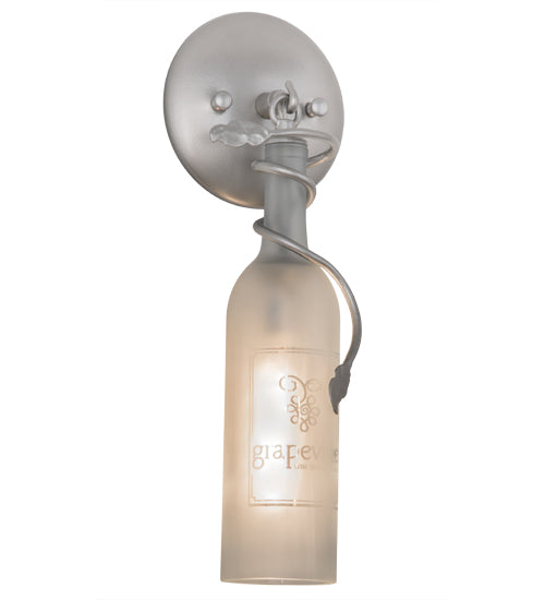 Meyda Lighting Personalized 5" Nickel Grapevine Wine Shop Wall Sconce With Frosted Clear Sandblasted Wine Bottle Shade Glass
