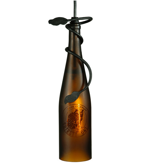 Meyda Lighting Personalized 5" Textured Black Thirsty Owl Mini Pendant Light With Amber Wine Bottle Shade Glass