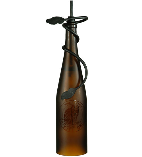 Meyda Lighting Personalized 5" Textured Black Thirsty Owl Mini Pendant Light With Amber Wine Bottle Shade Glass