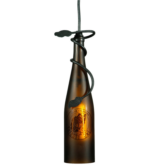 Meyda Lighting Personalized 5" Textured Black Thirsty Owl Mini Pendant Light With Amber Wine Bottle Shade Glass