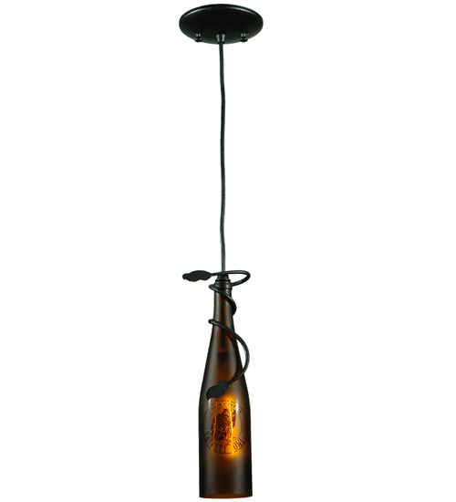 Meyda Lighting Personalized 5" Textured Black Thirsty Owl Mini Pendant Light With Amber Wine Bottle Shade Glass