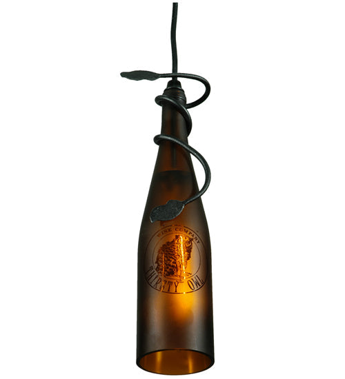Meyda Lighting Personalized 5" Textured Black Thirsty Owl Mini Pendant Light With Amber Wine Bottle Shade Glass