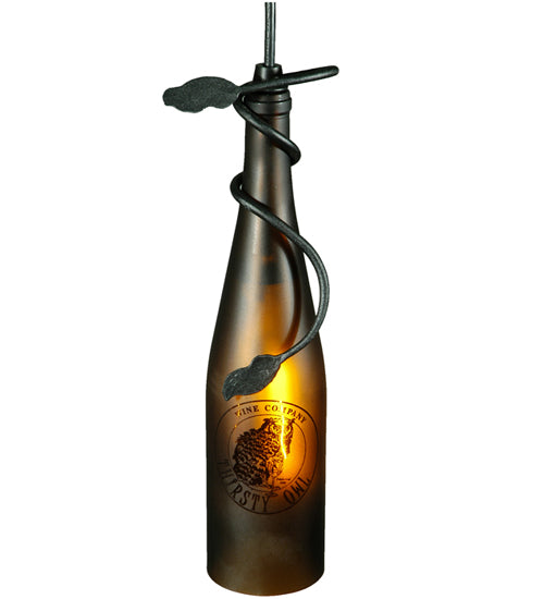 Meyda Lighting Personalized 5" Textured Black Thirsty Owl Mini Pendant Light With Amber Wine Bottle Shade Glass